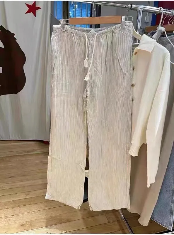 Cotton And Linen High Waist Loose Striped Lace up Elastic Waist Wide Leg Pants Gray Stripes - Shop at LoveMi