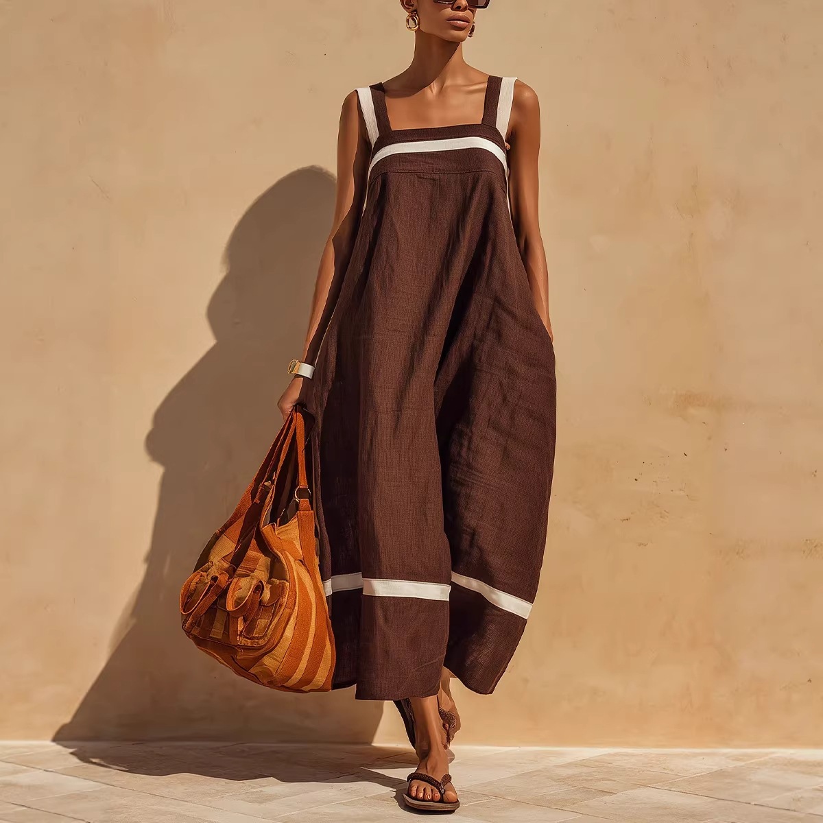 Strap Contrast-Color Womens Casual Loose Dress