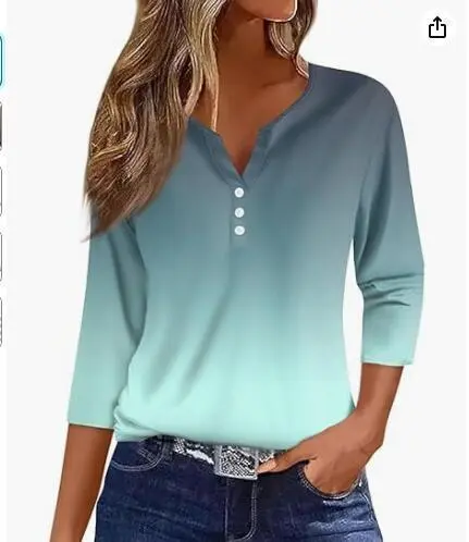 Women's T-shirt V-neck Half-open Tube Three-button Printed 34 Sleeves Top - 54 Style-Xl