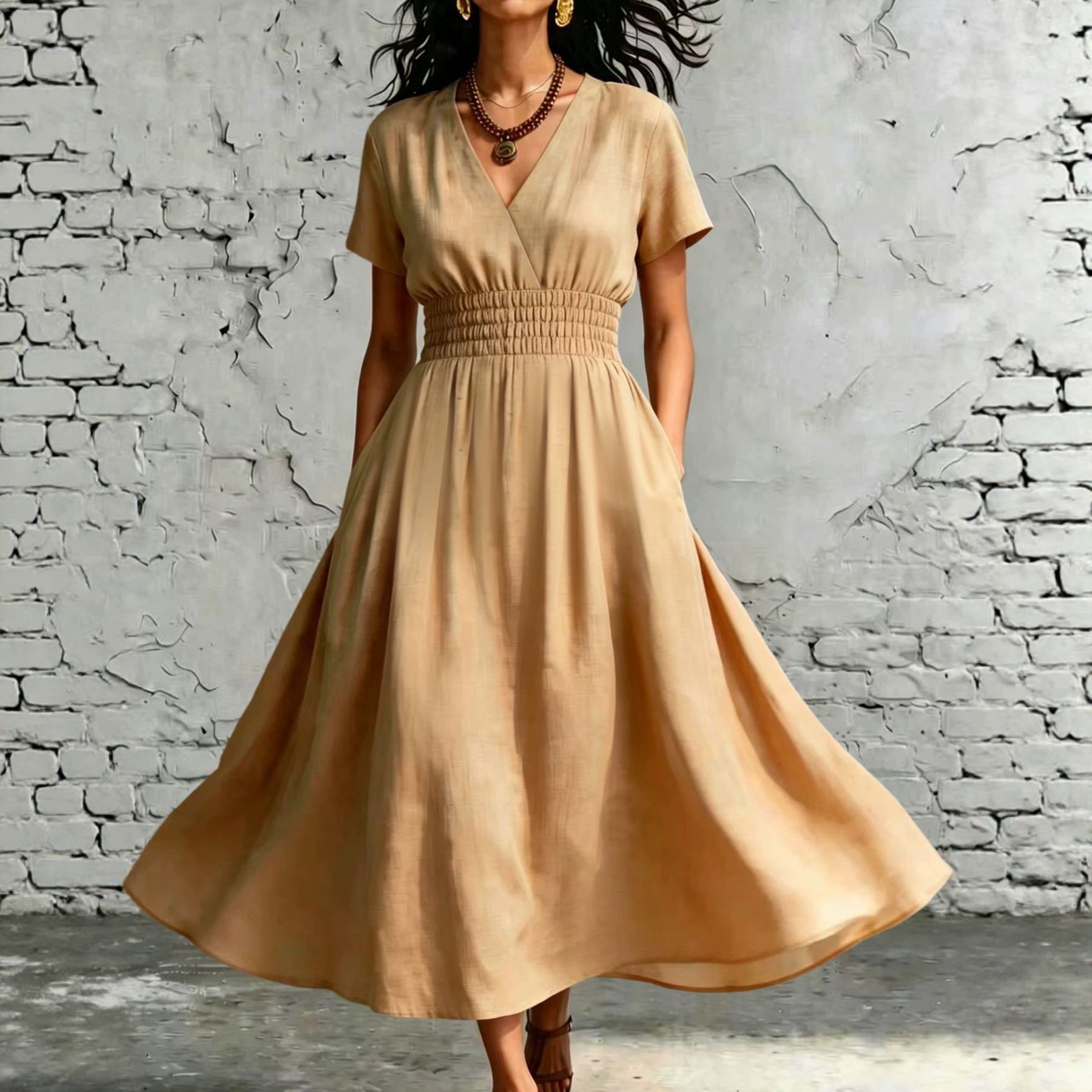 Solid color midi dress with V-neck and elastic waist – lifestyle photo showing fit and drape