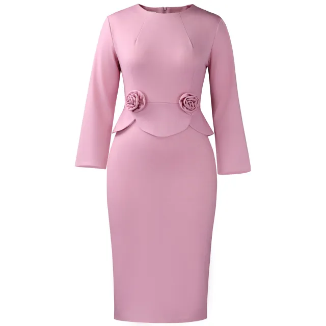 New Stylish Round neck Long sleeve Solid color Dress With 3D Floral Detailing Pink - Shop at LoveMi