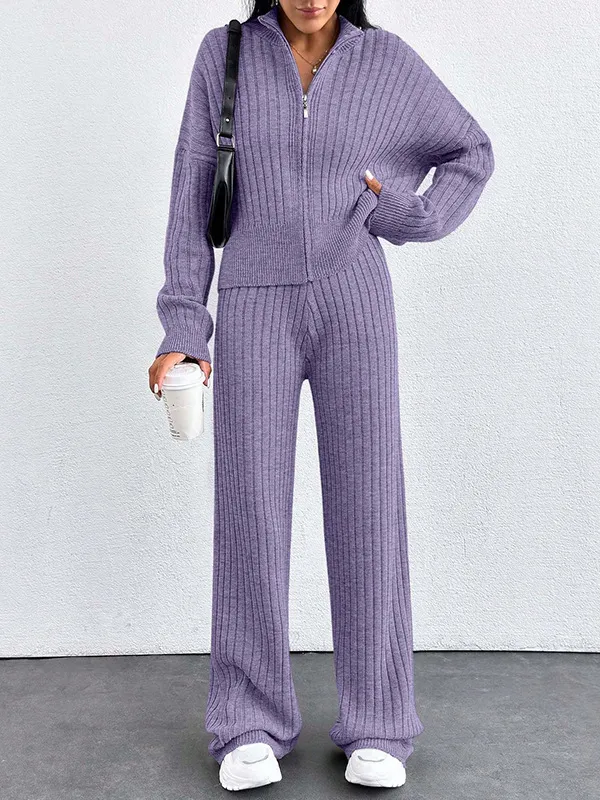 Autumn And Winter New European And American Women's Casual Loose Zip Top And Trousers Two piece Set Purple - Shop at LoveMi