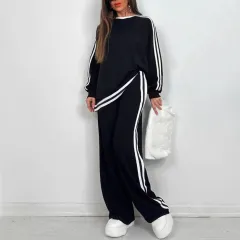 Casual Striped Trousers Long Sleeve Round Neck Suit - Black - View 1