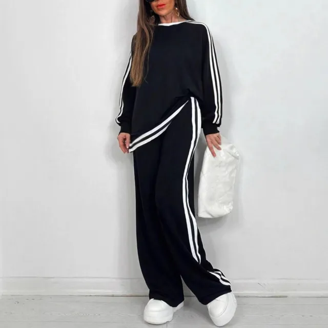 Casual Striped Trousers Long Sleeve Round Neck Suit Black - Shop at LoveMi