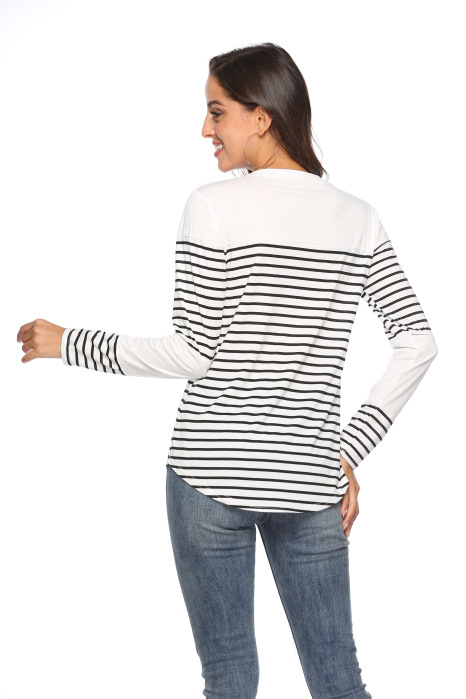 Title 7, Casual striped stitching long-sleeved loose T-s...