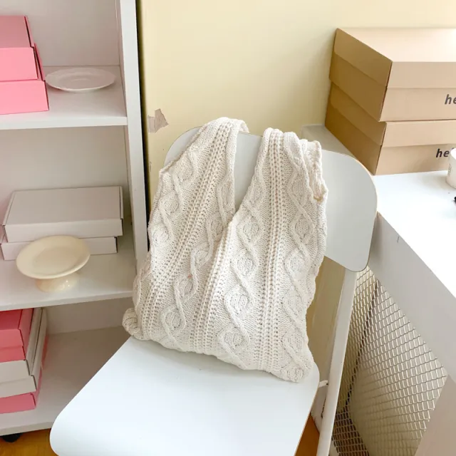 GWomen Shoulder Bags Portable Retro Hollow Knitted Woolen Yarn Bag Shoulder Tote Bag Solid Color Crochet Bag Large Capacity Shopping Tote Bags White - Shop at LoveMi