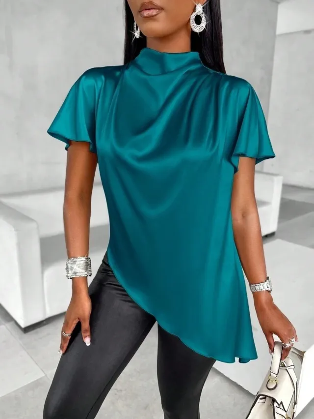 Women's Solid color Loose fitting Casual Top With An Asymmetrical Hem Green - Shop at LoveMi
