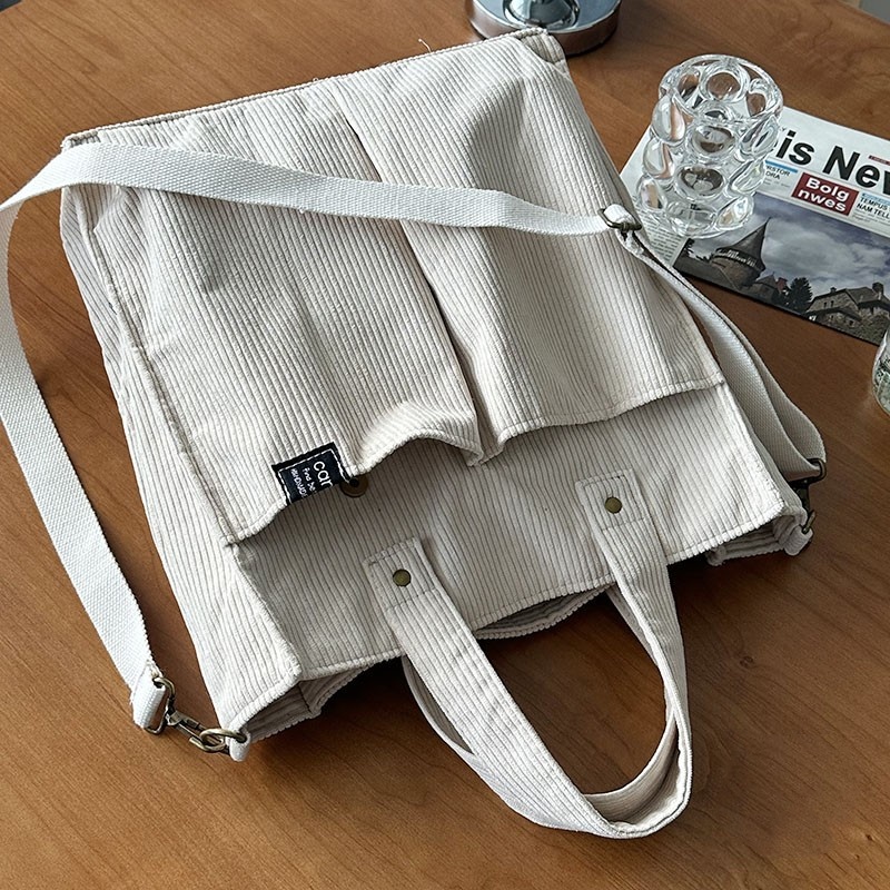 Homemade Corduroy Leisure Artistic Hand Carrying Messenger Bag Beige - Shop at LoveMi