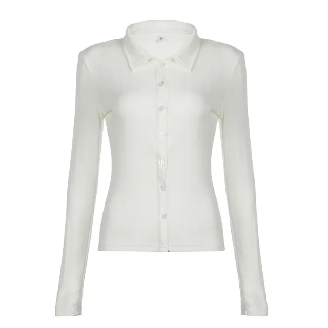 Casual Simple Slim fit Single breasted Cardigan Polo Collar Long Sleeve T shirt White - Shop at LoveMi