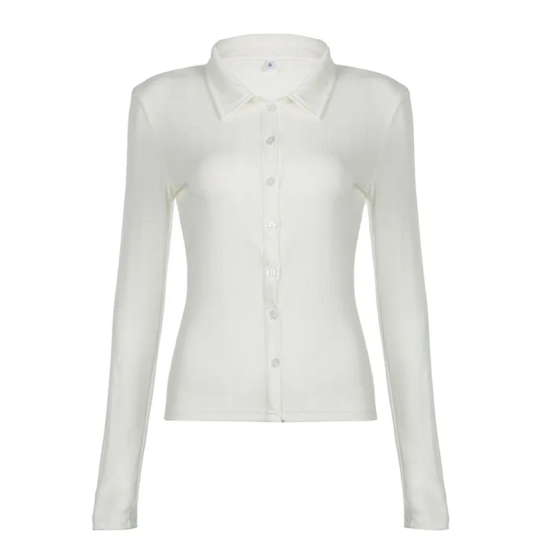 Casual Simple Slim-fit Single-breasted Cardigan Polo Collar Long Sleeve T-shirt - White
