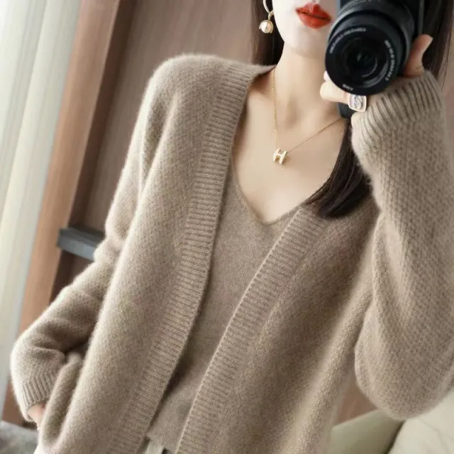 Knitted Cardigan Two piece Sling Temperament V neck Sweater Camel - Shop at LoveMi
