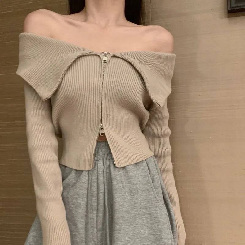 Pure Desire Style Off-shoulder Top High-grade Short Knitted Cardigan - Khaki