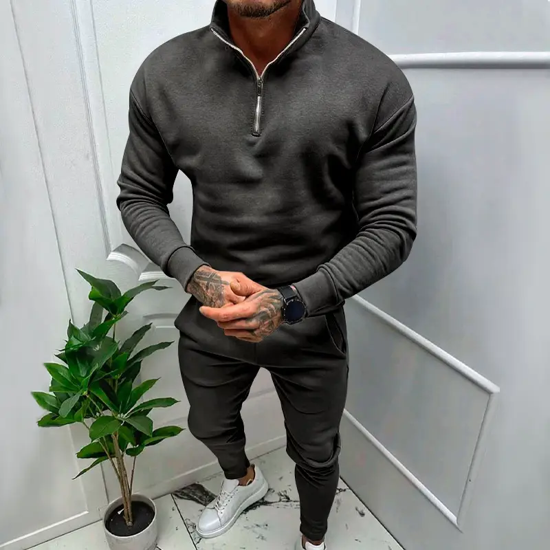 Men's Casual Fleece-lined Solid Color Top And Trousers Suit