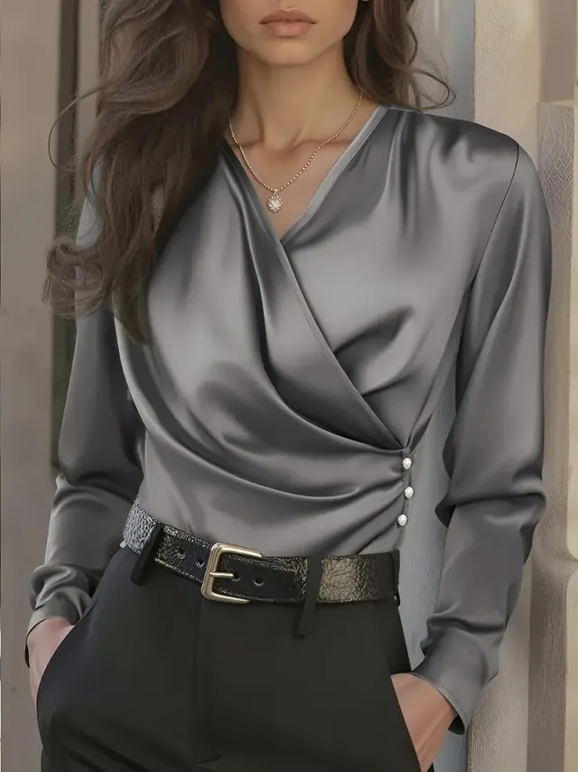 French Light Luxury V neck Slim Fit Ins Style Versatile Shirt Gray - Shop at LoveMi
