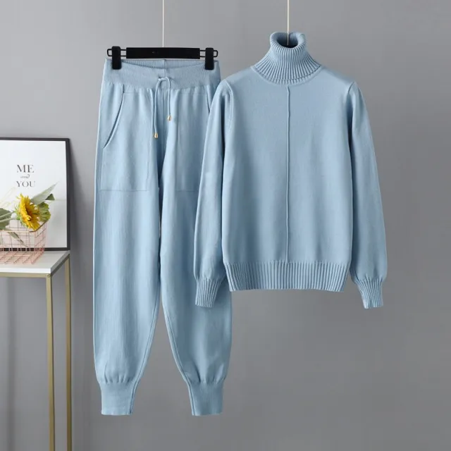 Casual Fashion Set autumn And Winter Cross border European And American Turtleneck Solid Color Sweaters Two piece Set Sky Blue - Shop at LoveMi