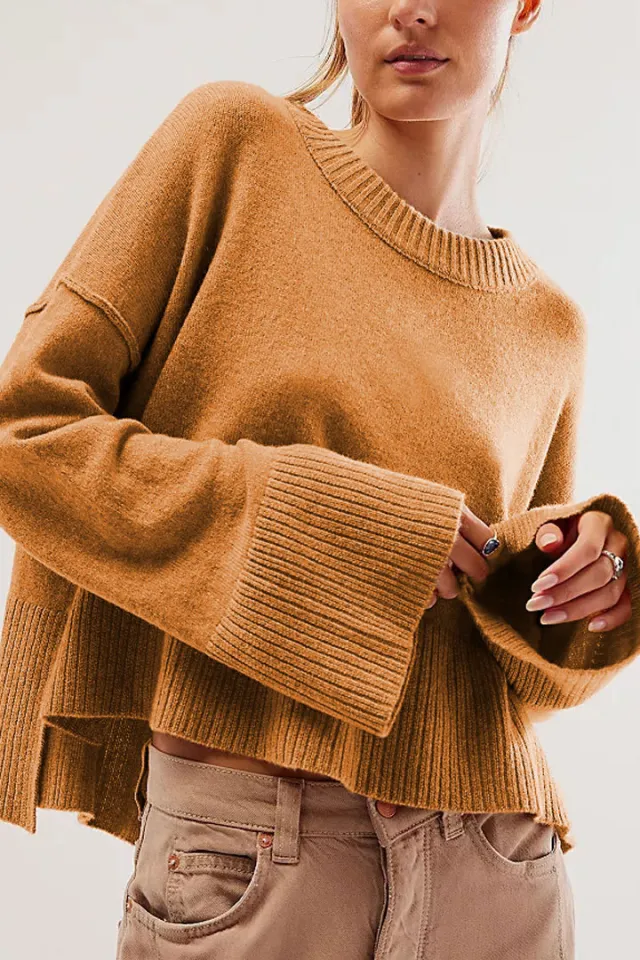 Solid Color Round neck Flared Sleeves Pullover Sweater Fashion Sweater Red - Shop at LoveMi