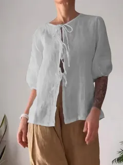 Fashion Casual Solid Colour Round Neck Tied Shirt Wide Leg Pants Two-piece Set - Grey Shirt Khaki Pants - View 1