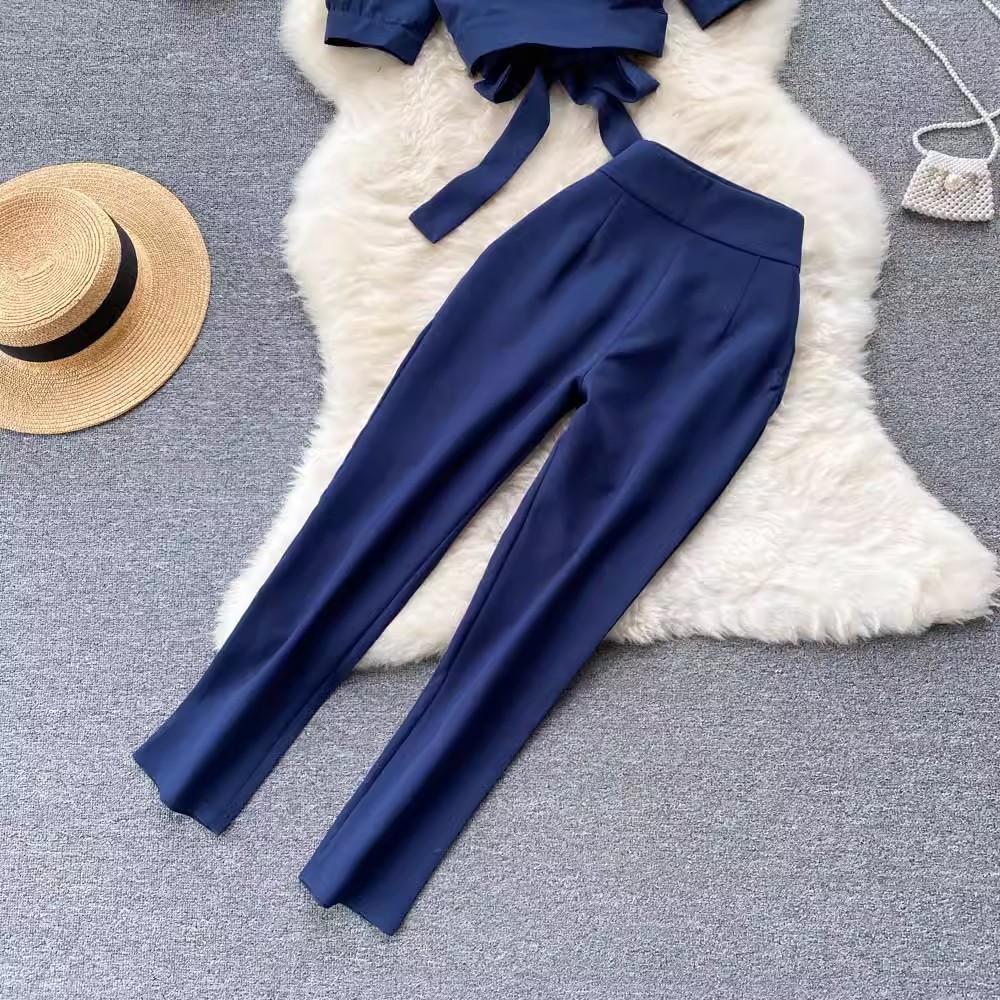 Lace-up Turn-down Collar Short Sleeve Shirt Top Leisure Suit