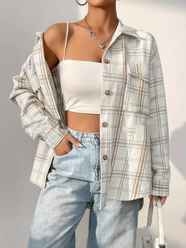 European And American Leisure Mid length Plaid Shirt Jacket Cardigan Shirt Mixed Color S - Shop at LoveMi
