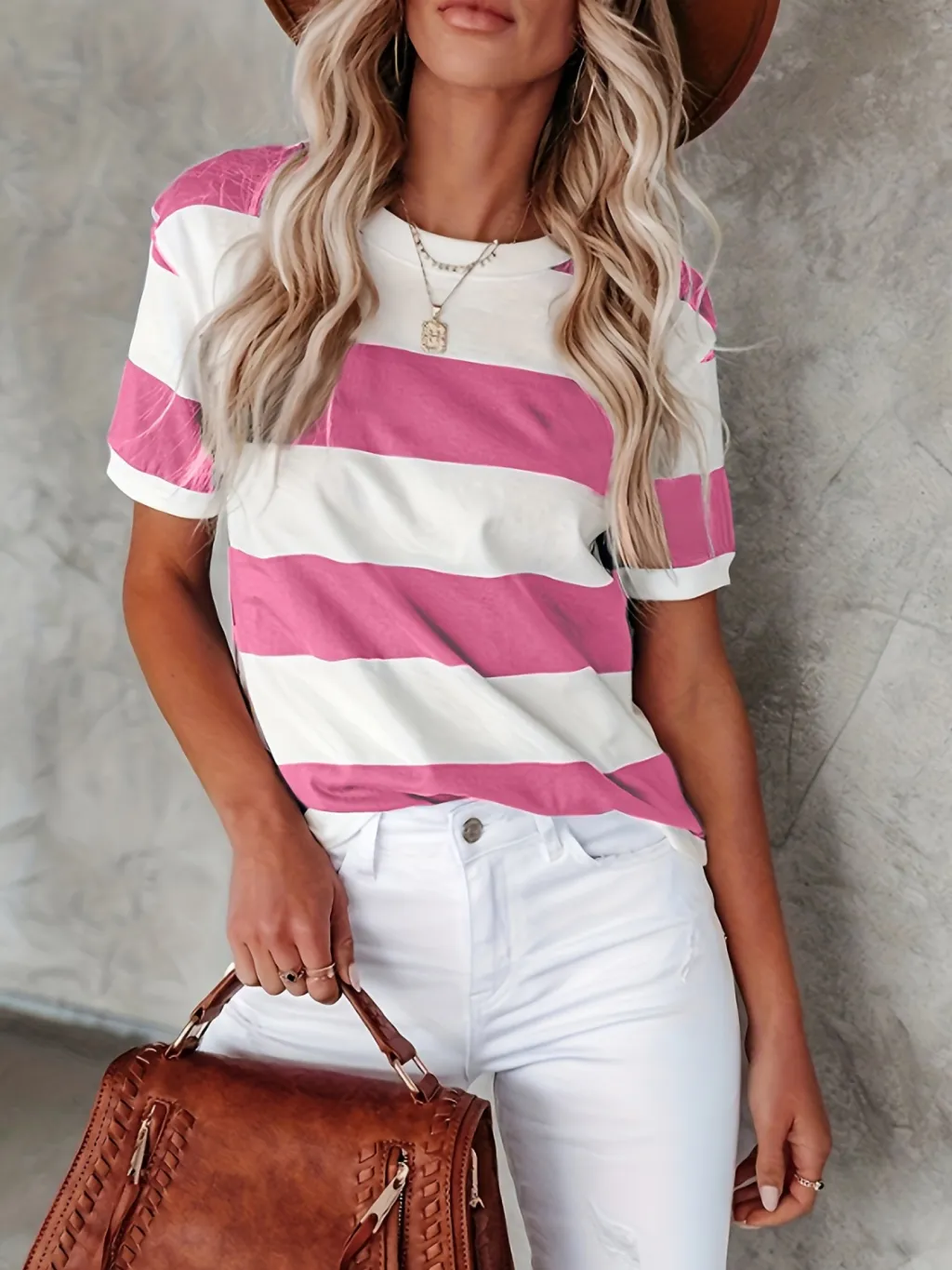 Summer Women's Fashion Striped Printed Short Sleeve Casual T-shirt - Pink