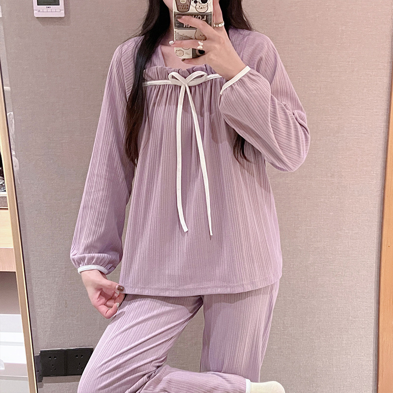 Women's Fashion Loose And Simple Square Collar Bow Long Sleeve Pajamas Home Wear