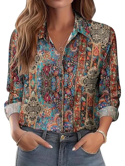 Women's European And American Versatile Printed Casual Lapel Long sleeve Shirt C2 - Shop at LoveMi