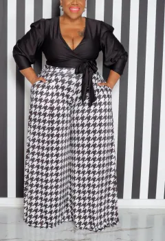 Casual Houndstooth Wide-leg Pants For Women - Black - View 1