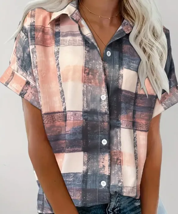 Striped Print Button Front Short Sleeved Shirt 2A - Shop at LoveMi
