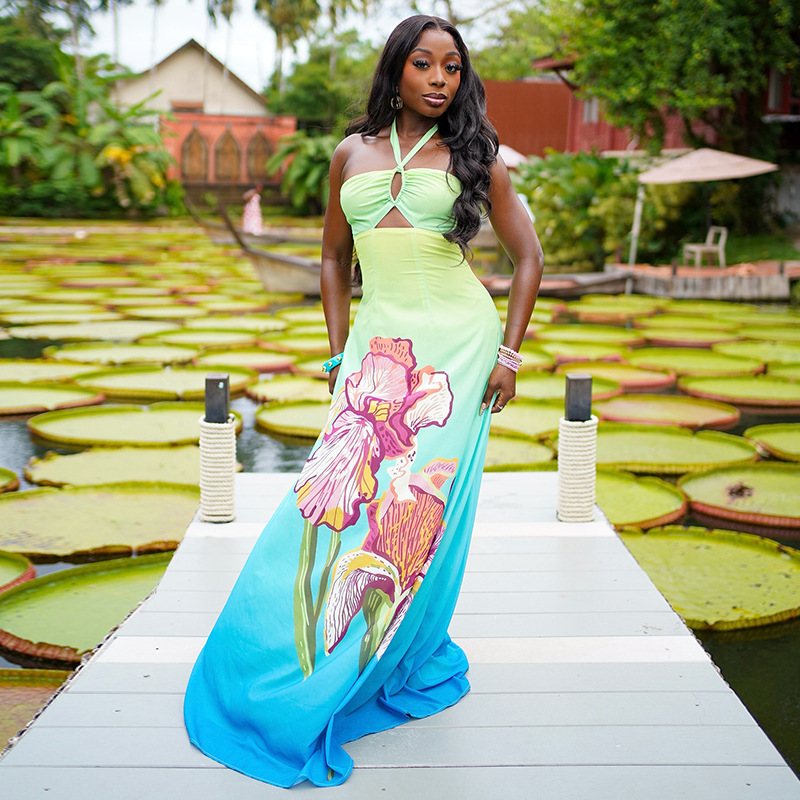 Women's Fashion Hollowed out Gradient Printed Waist Cinching Dress Green - Shop at LoveMi