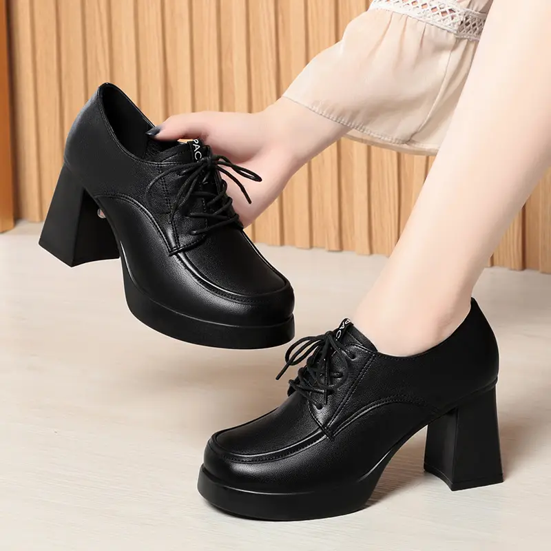 New Spring Autumn Lace-Up Deep-V Shallow-Shoe Soft Leather Chunky Heel Platform Elegant High Heels For Women