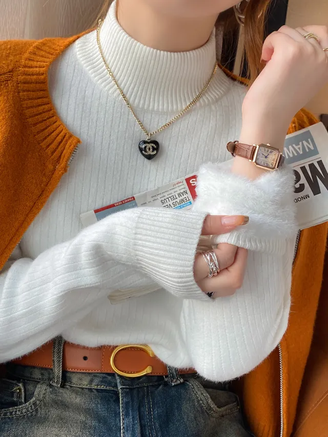 Velvet Padded Sweater Women's Autumn And Winter Knitted White - Shop at LoveMi