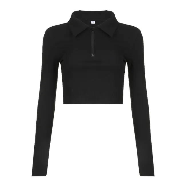 Women's Solid Color Line Split Lapel Zipper Basic T shirt Top Black - Shop at LoveMi