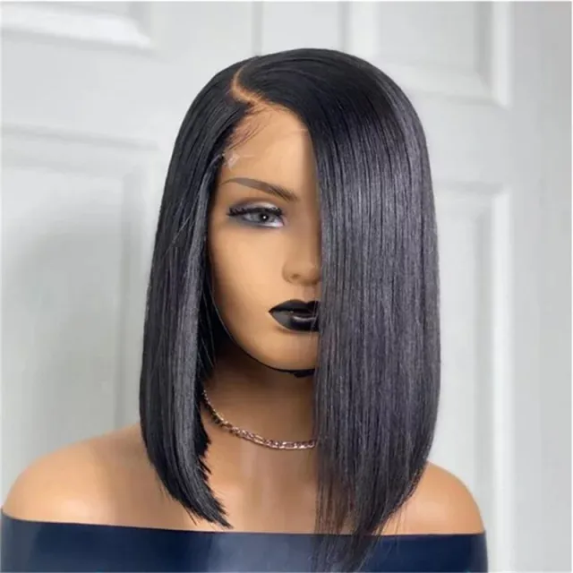 Wig Female Split Front Lace Wig Black Short Straight Hair Synthetic Wigs Black 1B 12Inch - Shop at LoveMi