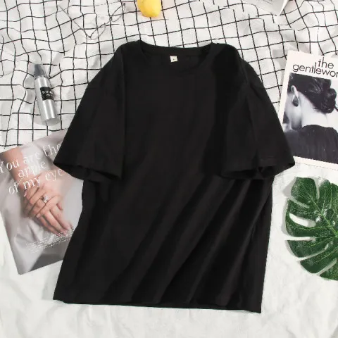 Women's Loose Solid Color Cotton Round Neck Black - Shop at LoveMi