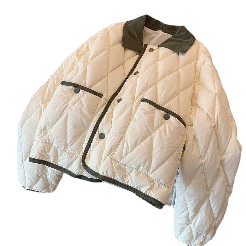 Classic Style Hit Color Diamond Lattice Lapel Cotton-padded Jacket
