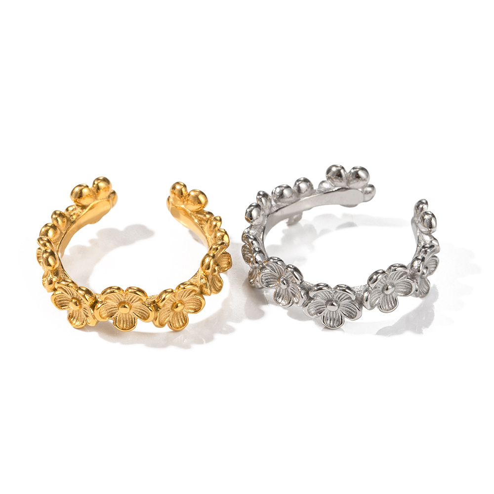18K Gold Stainless Steel Flower C Shape Ring Non-fading Trendy High-grade Ring