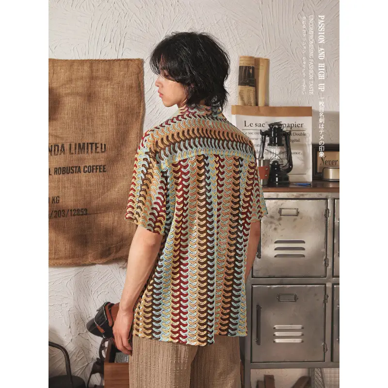 Japanese Style Cuban Collar National Style Hollow Jacquard Color Matching Short Sleeve