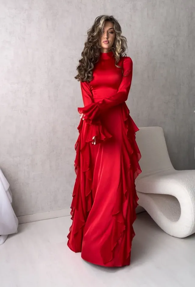 Round Neck Trumpet Sleeve High Waist Slim Dress Red - Shop at LoveMi