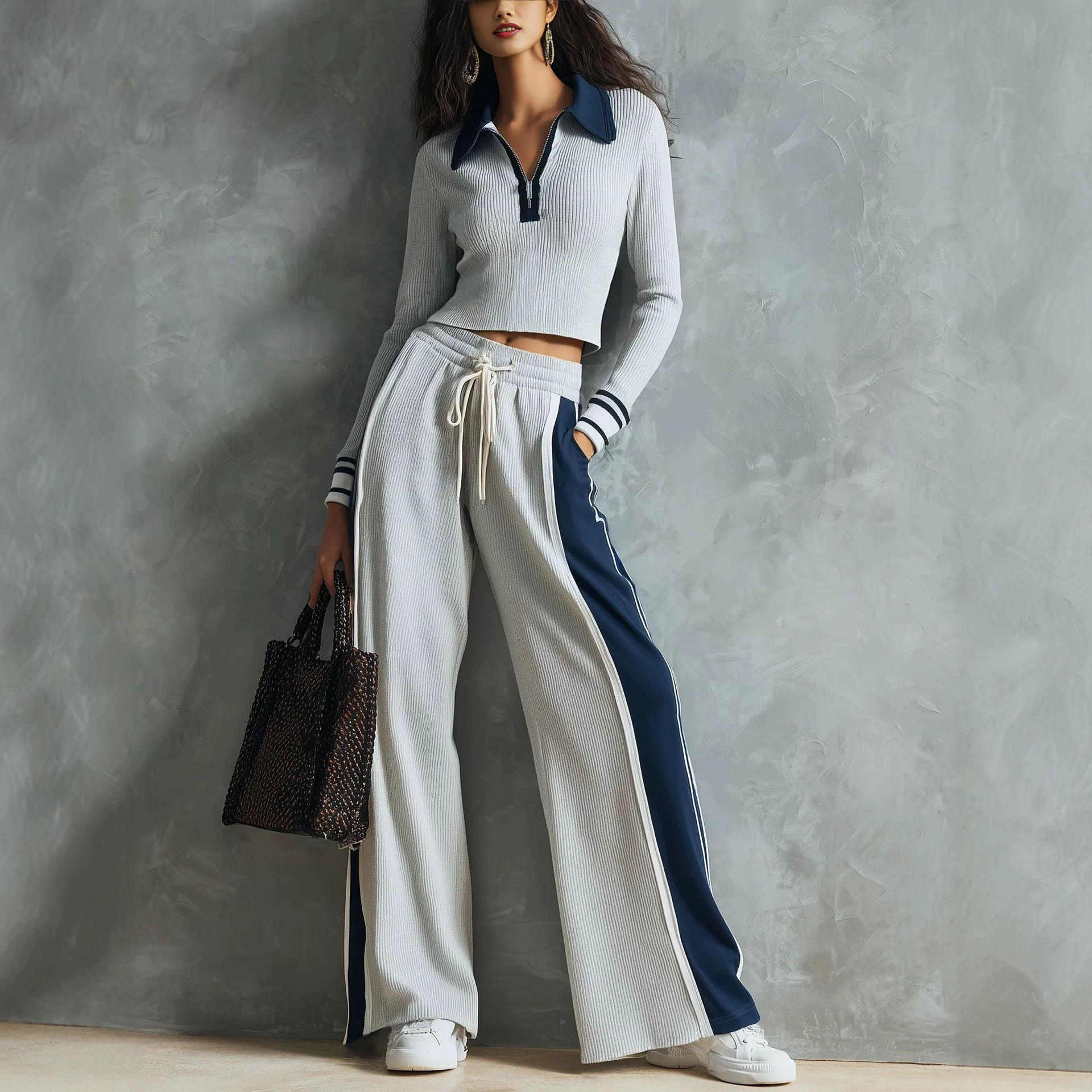 Long-sleeve Top And Drawstring Flared Pants Set