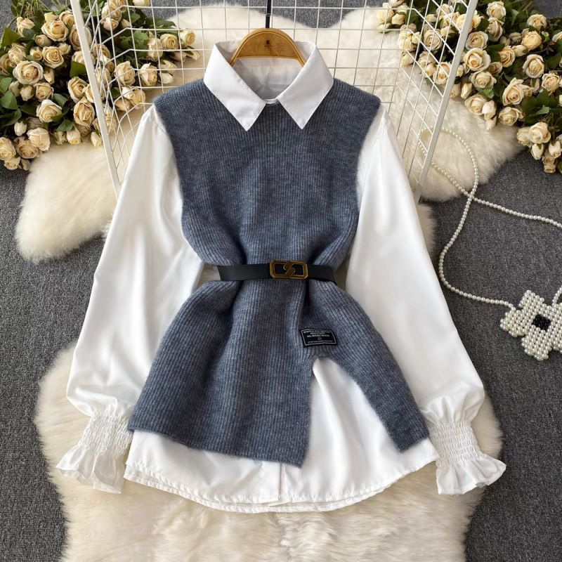 Slit Knitted Vest Shirt Western Style Youthful-looking Two-piece Set