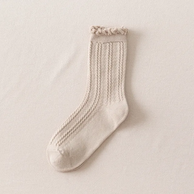 Autumn Japanese Solid Color Ins Lace Bubble Cotton Breathable Mid calf Socks Beige - Shop at LoveMi