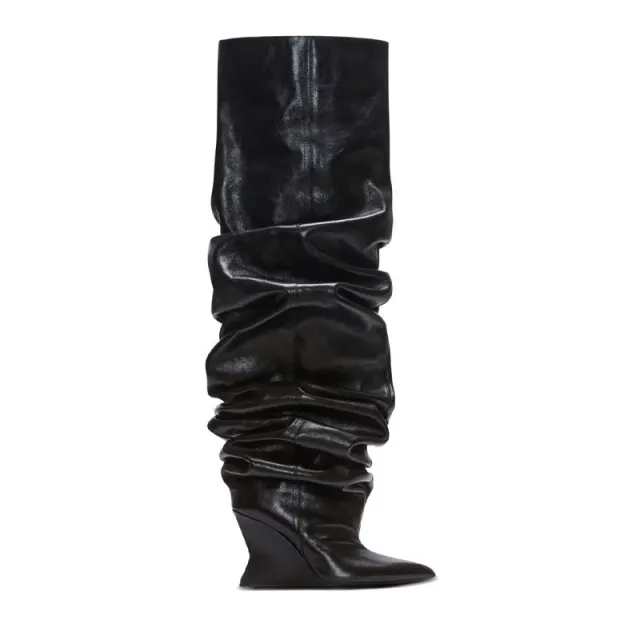 Catwalk Pleated Over the knee Boots Female Pointed Toe Wedge High heel Boots Black - Shop at LoveMi