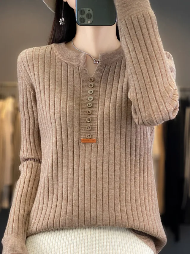 Long Sleeve Round V neck Sweater Solid Color Camel - Shop at LoveMi