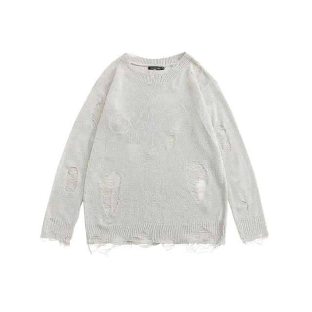 Loose Round Neck Thin Ripped Long Sleeves Shirt Gray - Shop at LoveMi