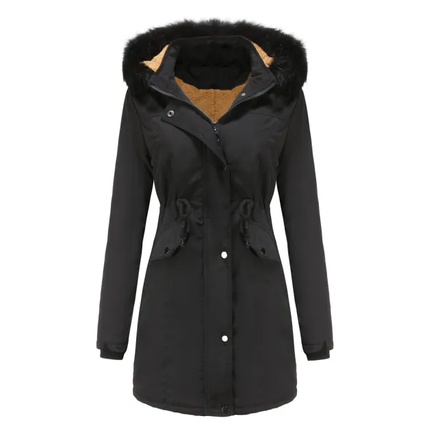 Women's Cotton Plus Velvet Detachable Hat Big Fur Collar Coat Black - Shop at LoveMi
