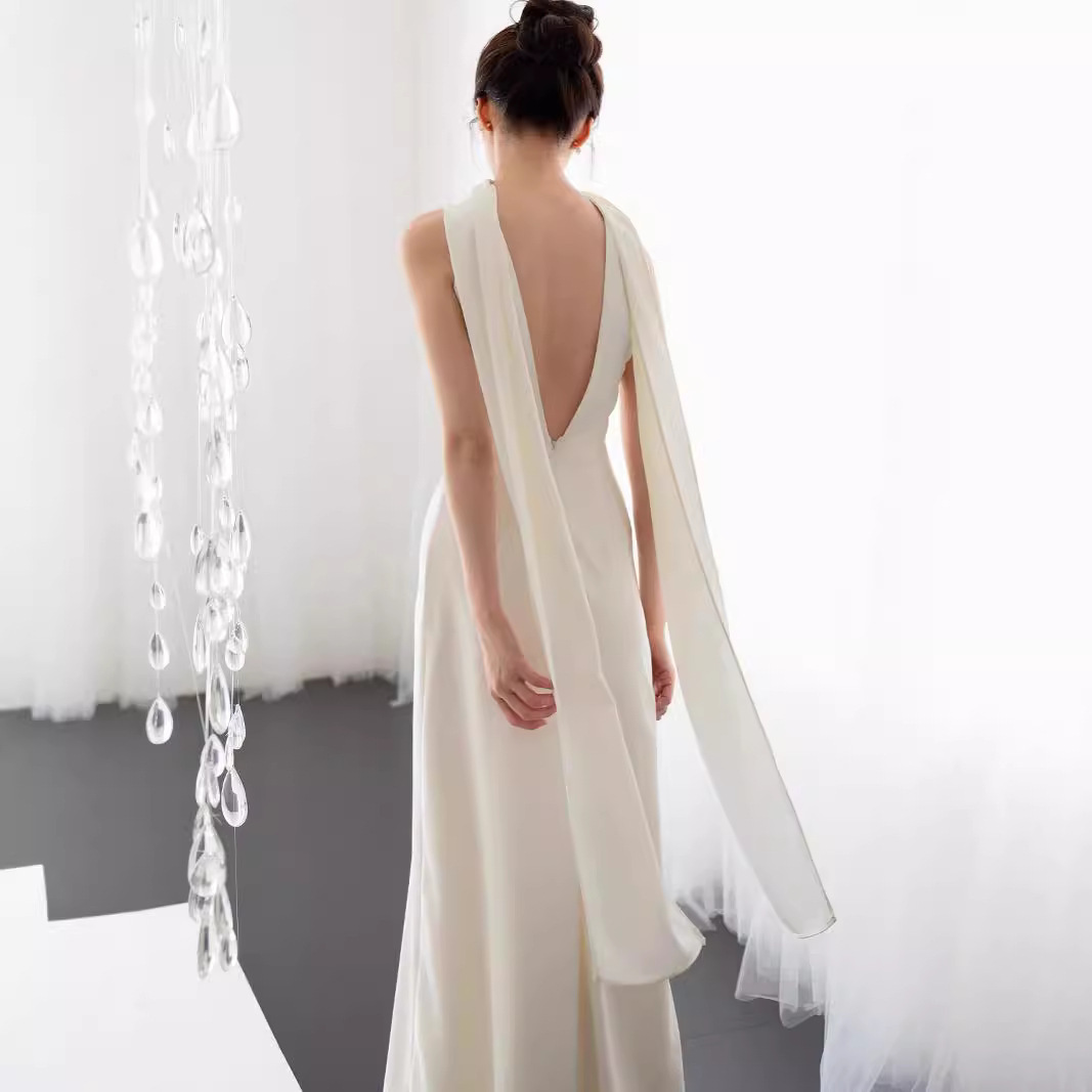 Sleeveless White Satin Welcome Dress