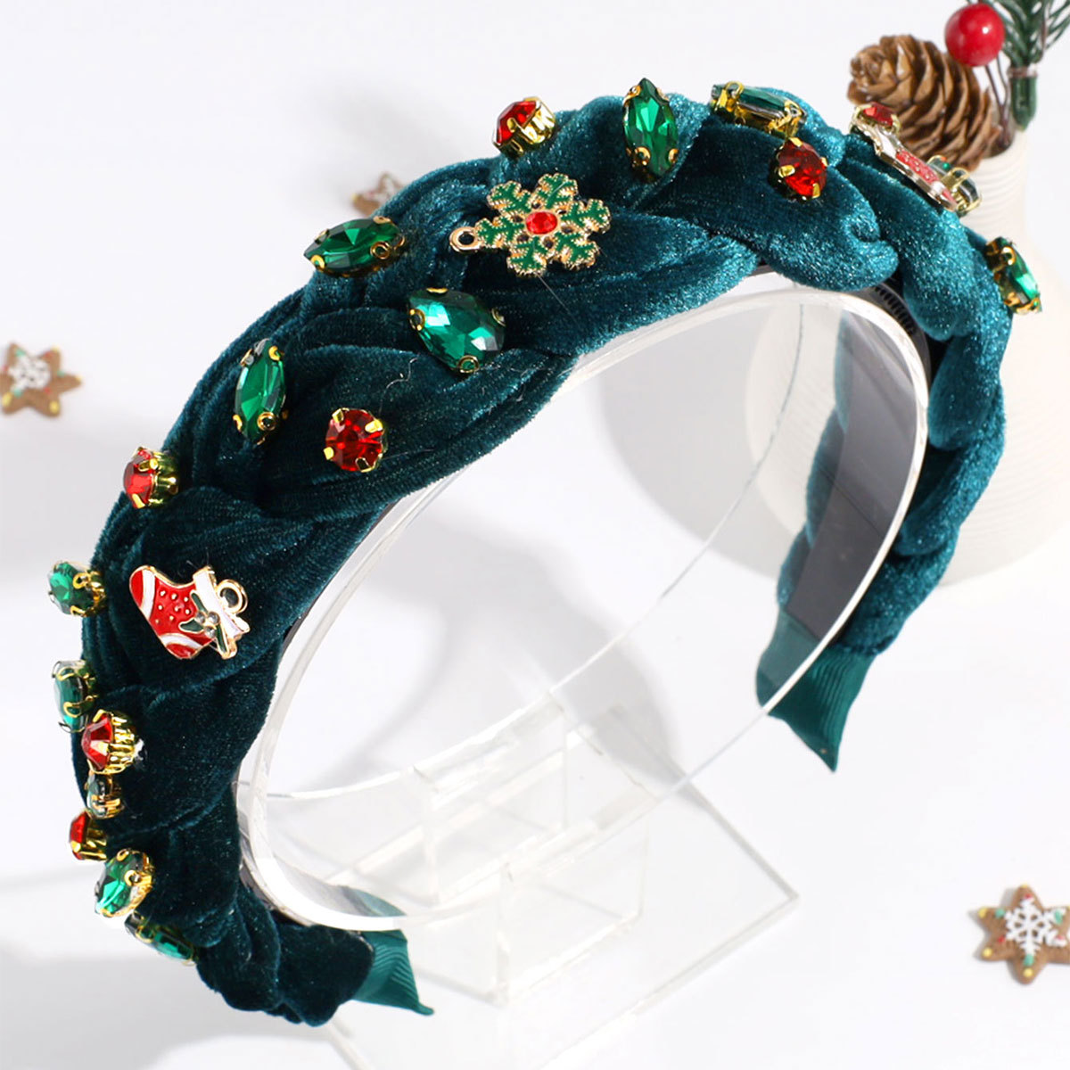 Snowflake Light Luxury All match Hair Accessories Christmas Wide brimmed Twist Braid Rhinestone Headband Green Twist - Shop at LoveMi