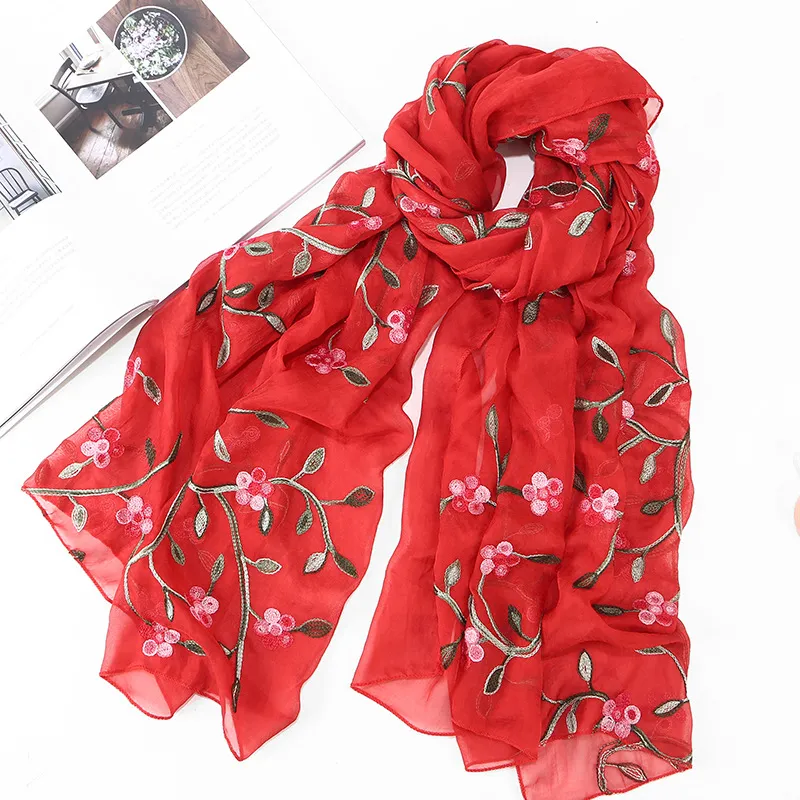 Women's Chiffon Flower Embroidered Silk Scarf Beach Shawl - Red
