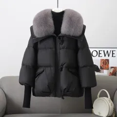 Down Cotton-padded Jacket Women's Short Fur Collar Thickened Coat Winter Clothing - Black - View 1