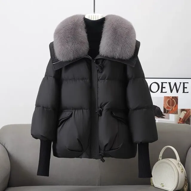 Down Cotton padded Jacket Women's Short Fur Collar Thickened Coat Winter Clothing Black - Shop at LoveMi